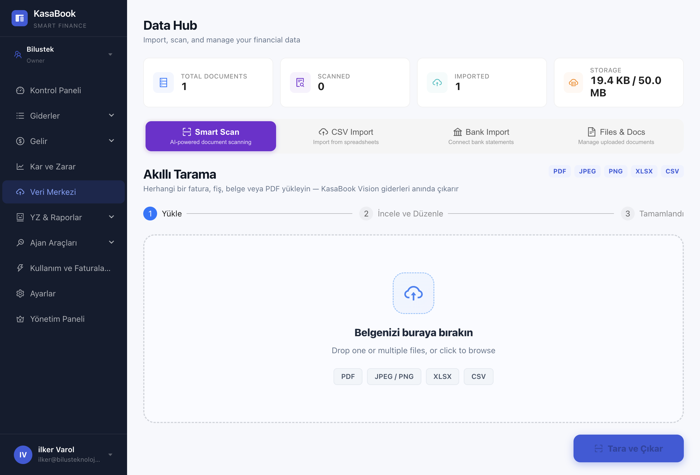 KasaBook veri merkezi: içe aktarma, akıllı tarama ve dosyalar